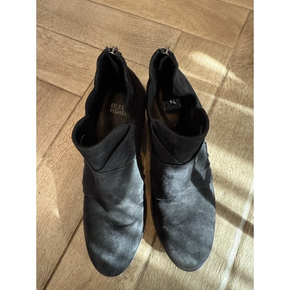 Eileen Fisher Boots Womens 7 Black Suede Ankle Booties Back Zip Block Heel Class